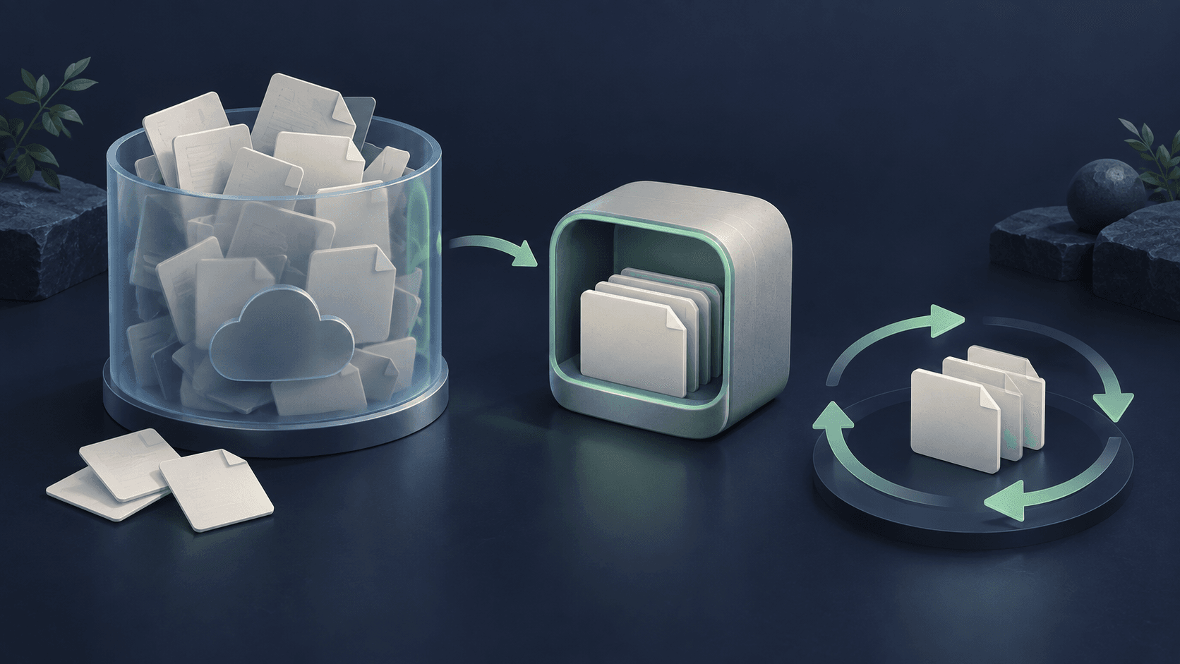 Illustration of files accumulating in a bucket, an independent backup copy, and a file rotation cycle.